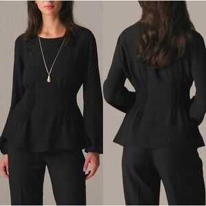 J. Crew Black Long Sleeve Shirred Waist Peplum Blouse Women's Size 4‎